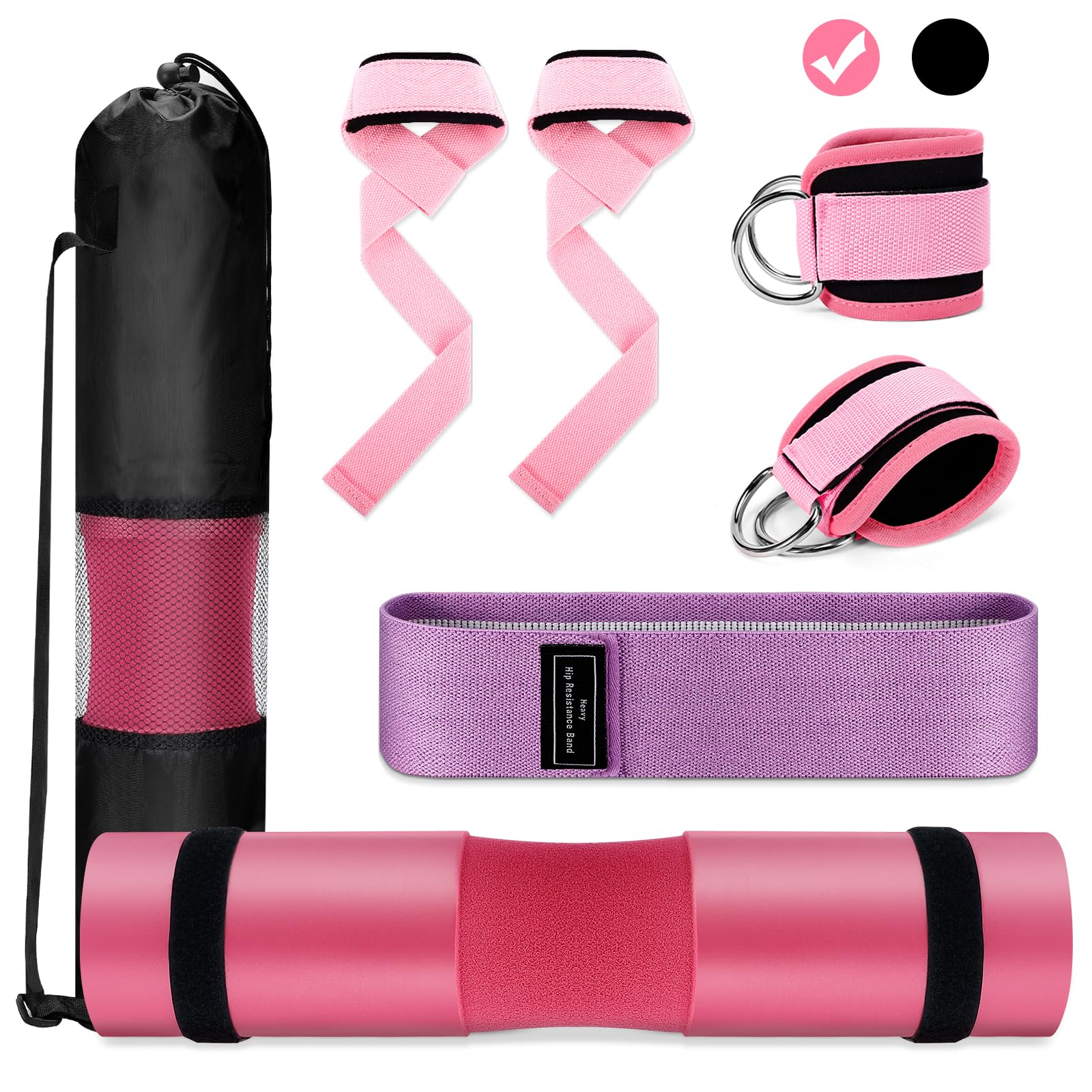 Gym Barbell Pad Set: 7 PCS Gym Equipment Accessories | Hip Thrusts Pad for Squats Ankle Strap for Cable Machine Hip Resistance Band Weight Lifting Strap and Carry Bag