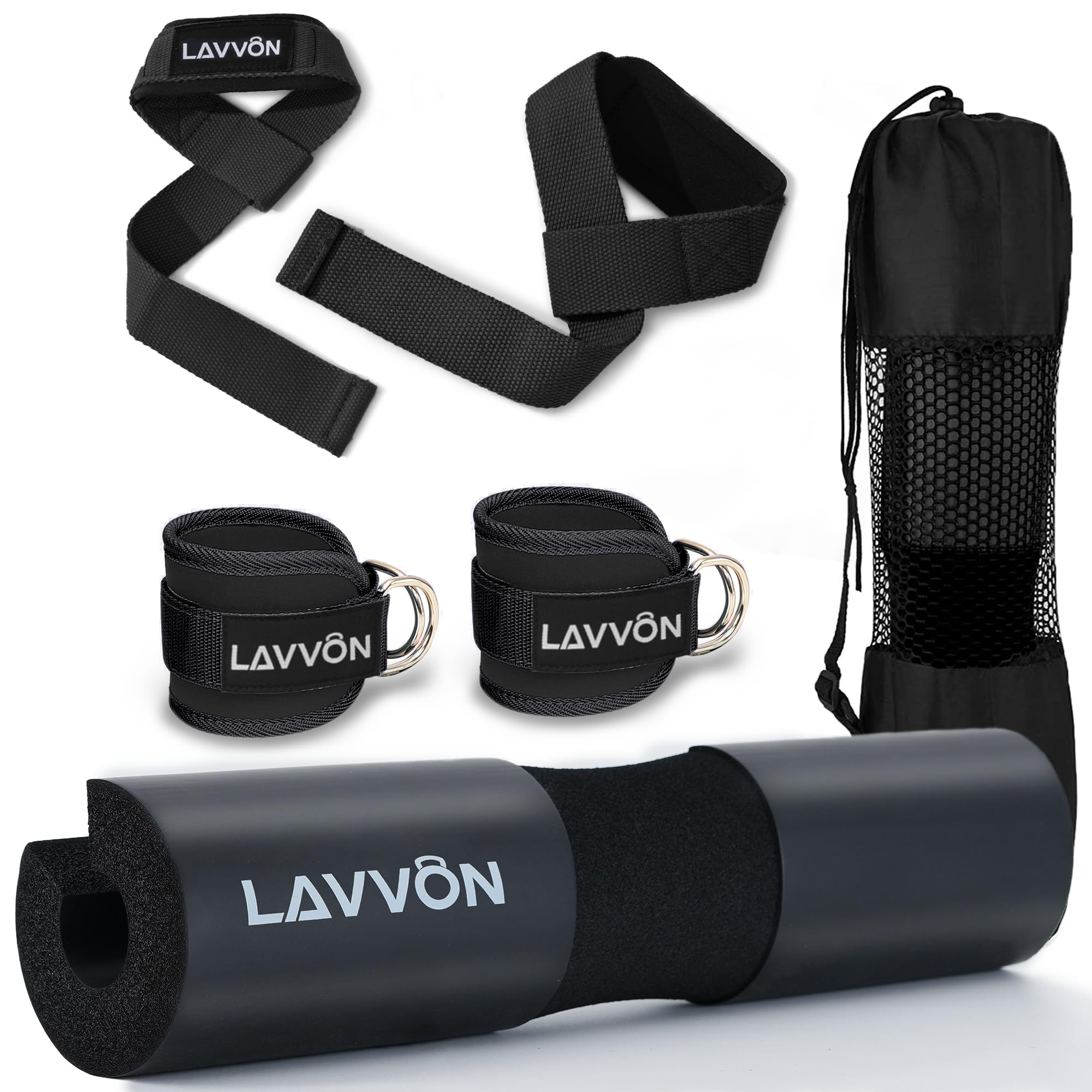 Squat Pad Set - Foam Barbell Pad for Squats Cushion, Lunges & Bar Padding for Hip Thrusts - Standard Olympic Weight Bar Pad - With Ankle Straps, Wrist Straps for Weightlifting