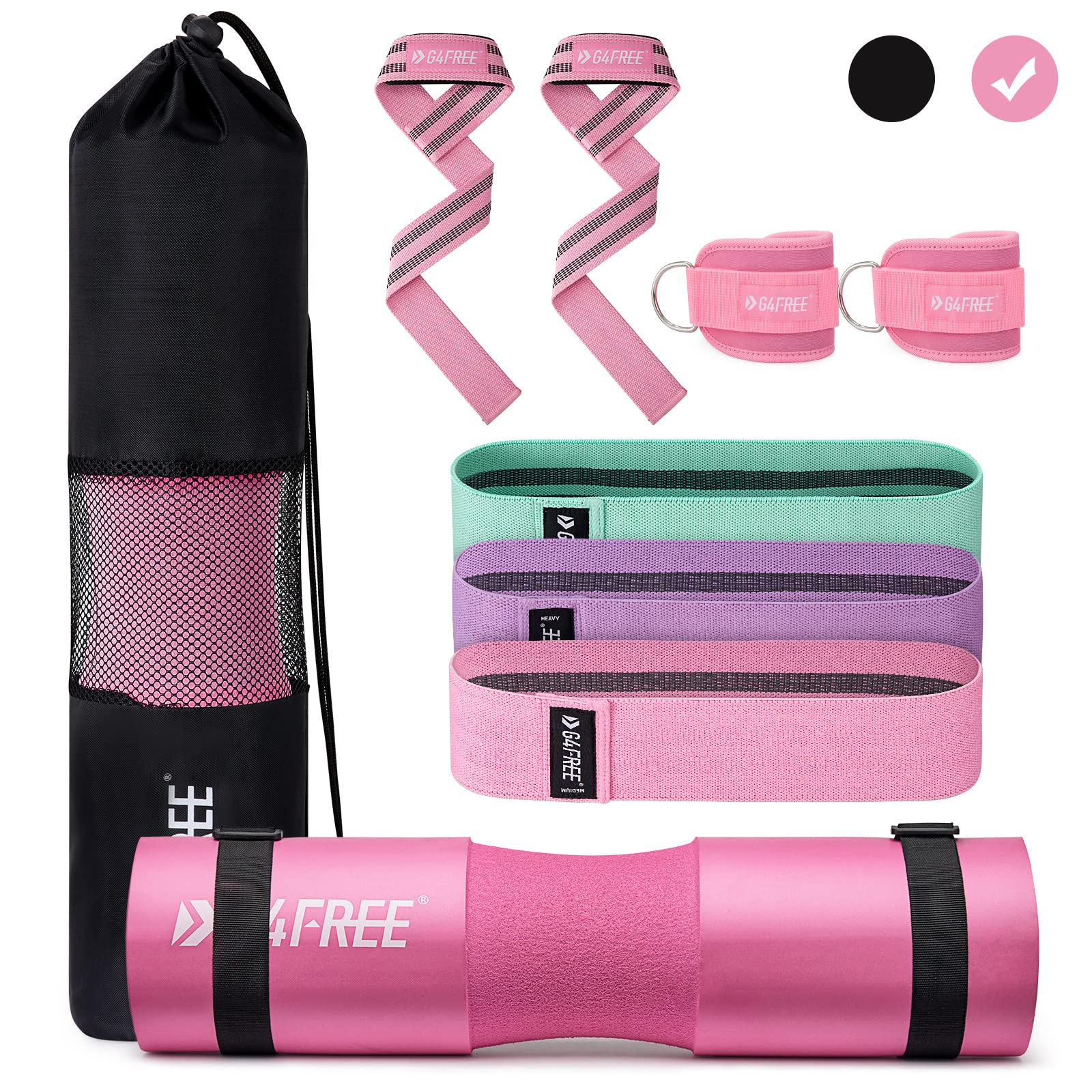 G4Free 9Pcs Barbell Pad Set for Squat, Hip Thrusts, Lunges, Leg day, Standard Olympic Bars with 2 Gym Ankle Safety Straps, 3 Hip Resistance Bands, 2 Lifting Strap, Barbell Pad, and Carry Bag | Standard Olympic Bars with 2 Gym Ankle Safety Straps, 3 Hip Resistance Bands, 2 Lifting Strap, Barbell Pad, and Carry Bag