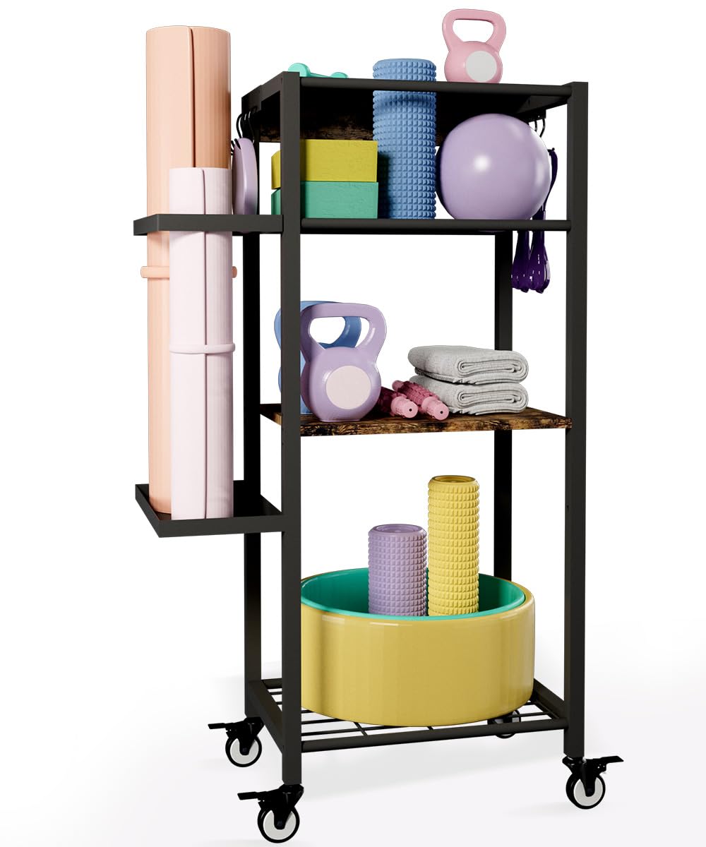 Yoga Mat Storage Rack with Wheels, 3 Tier Home Gym Workout Equipment Organizer for Dumbbells, Kettlebells, Foam Rollers