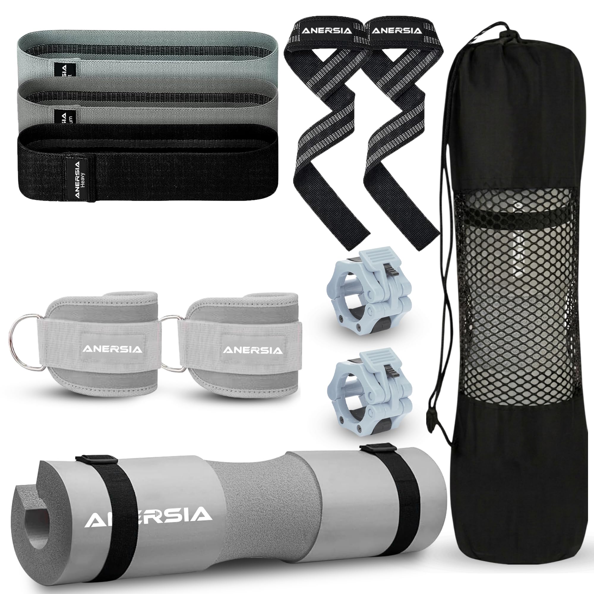 10 in 1 Barbell Pad Set for Squats & Hip Thrust – Barbell Pad with Resistance Bands, Lifting Straps, Ankle Straps & Barbell Clamps – Weightlifting Accessories Kit for Home Gym