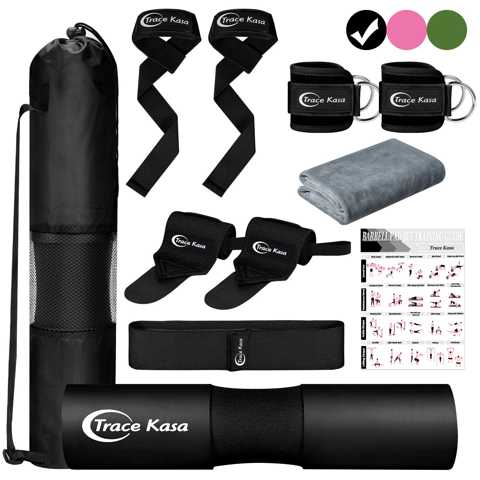 Barbell Pad Set: 10 PCS Gym Equipment Accessories | Squats Hip Thrusts Pad Ankle Straps for Cable Machines Women Men Hip Resistance Band Weight Lifting Straps Wrist Wraps