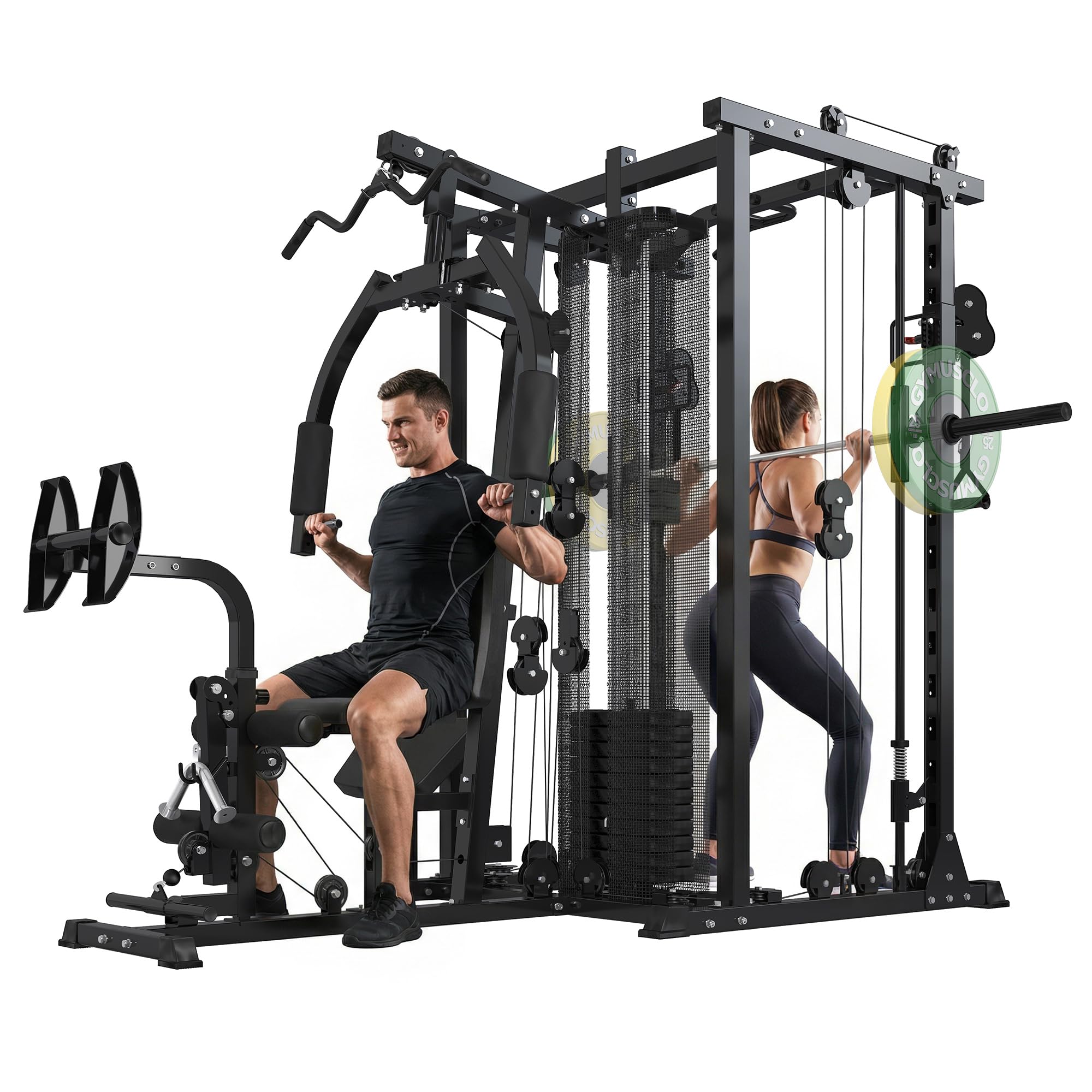 Multi-Functional Home Gym Workout Equipment, All-in-One Smith Machine w/150lbs Weight Stack&Cable Crossover, Leg Press, PEC Fly, LAT, Squat, Heavy Duty Full Body Training for Family, Black