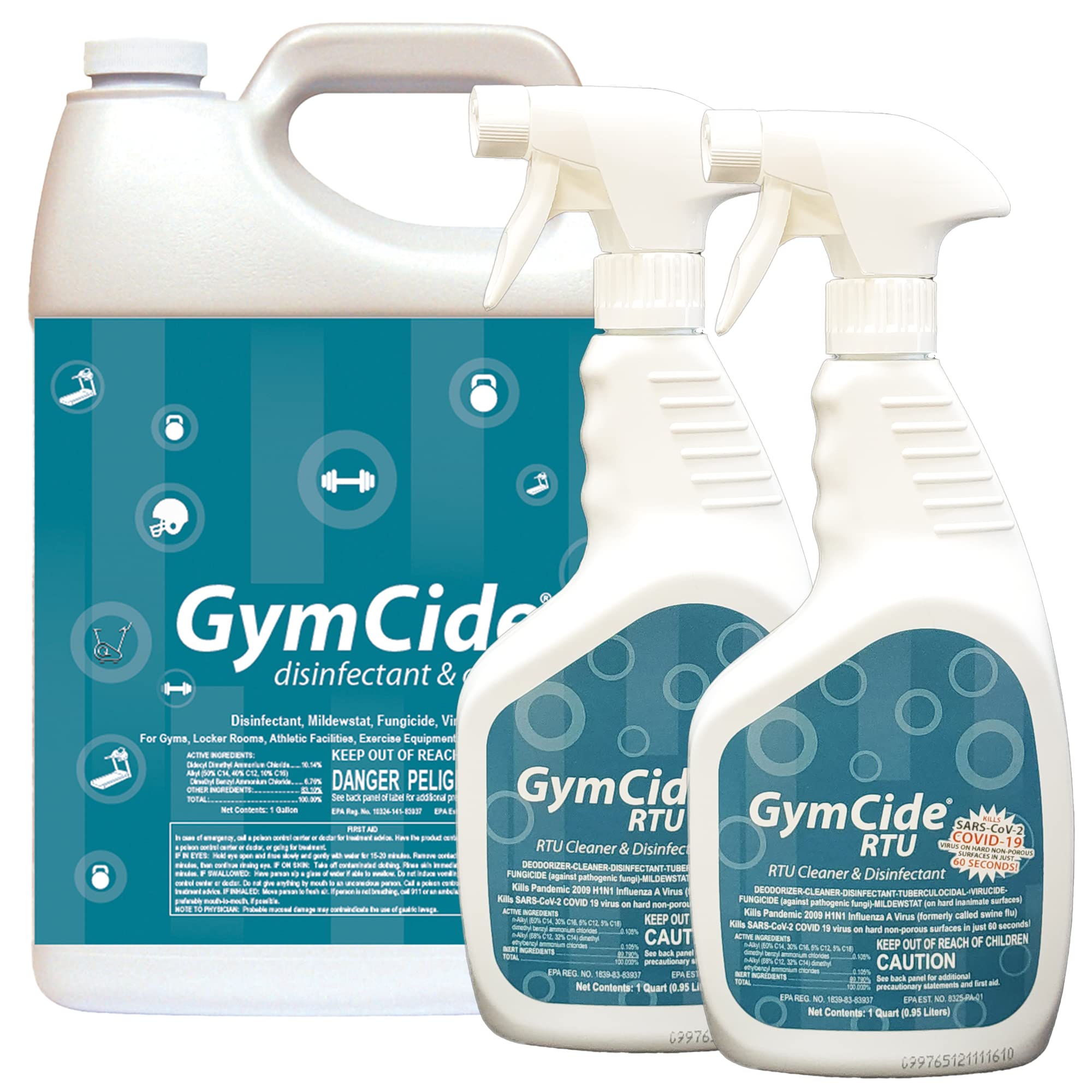 GymCide Disinfectant, Cleaner, and Deodorizer for Gyms, Sports Equipment, and Fitness Centers Bundle (1 Concentrated Gallon and 2-32 Ounce Bottles)