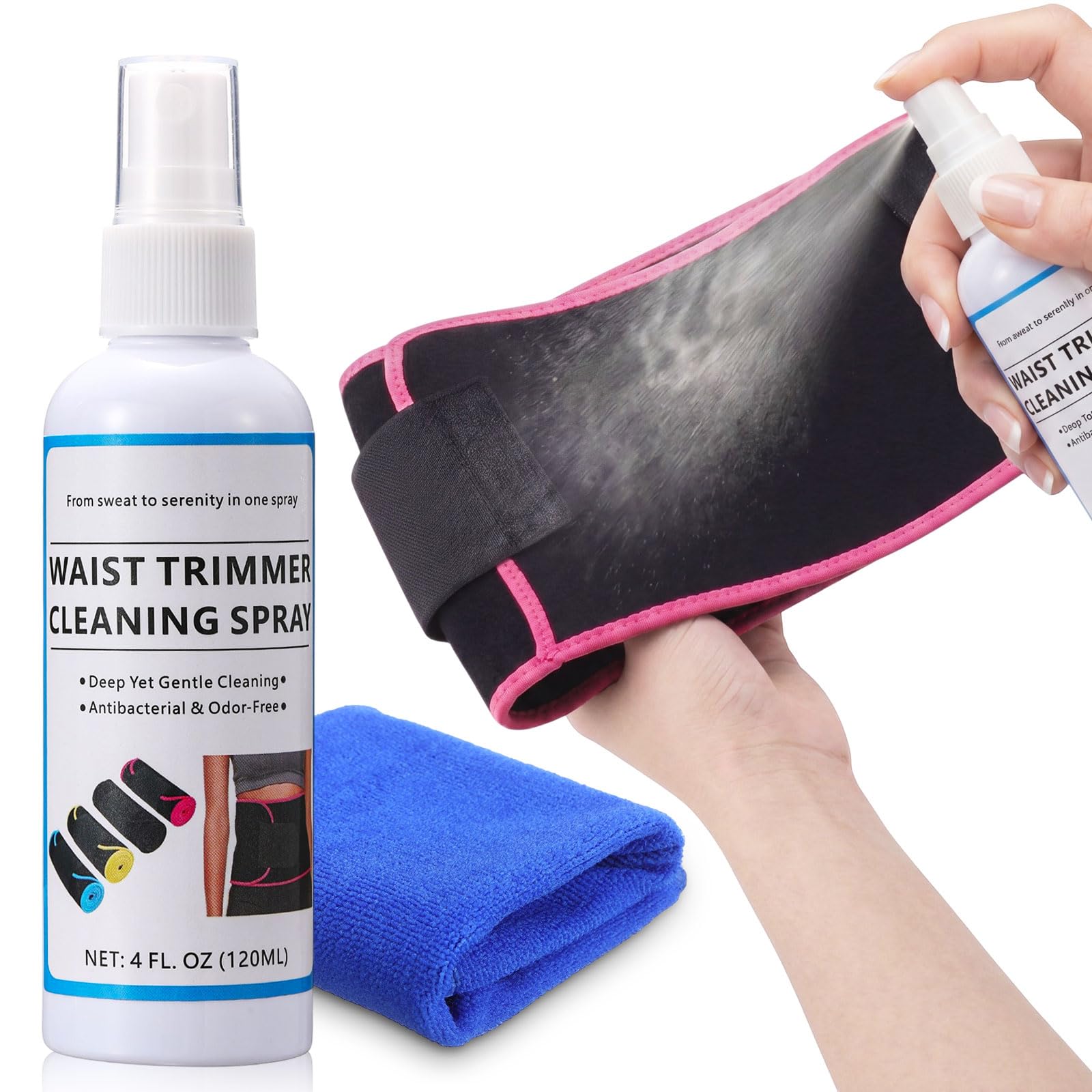 120ML Waist Trimmer Cleaning Spray with Clean Cloth, Freshen & Care for Fitness Belts & Gear, Cleaning Spray for Hot Yoga Mat Gym Sports Equipment