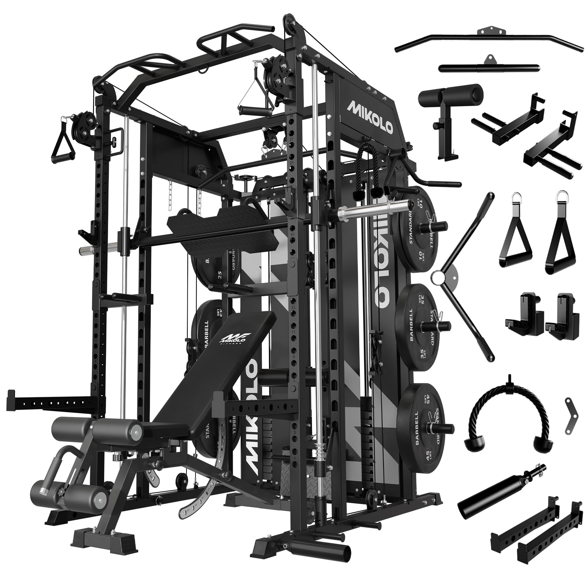 Mikolo Smith Machine with Weight Stack, Power Cage Home Gym System with LAT Pulldown & Cable Crossover, Multi-Functional Trainer with Dual Pulley System, Includes 10+ Free Attachments