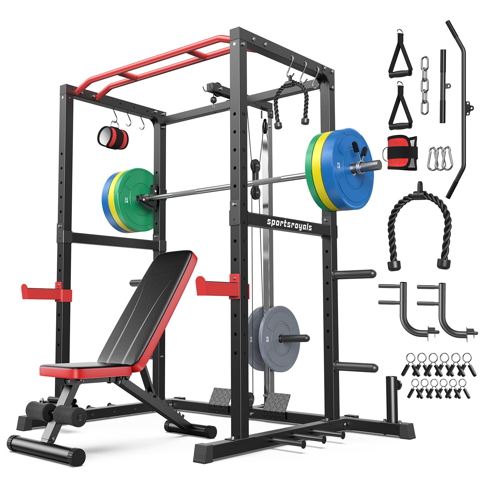 SPORTSROYALS Power Rack, Multi-Functional Power Cage, Squat Rack with Pulley System & LAT Pull Down, Workout Cage with J Hooks for Home Gym